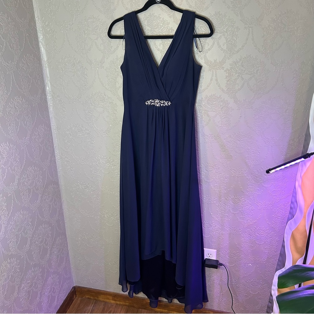 Eliza J Navy Blue High-Low Evening Dress with Rhinestone Waist